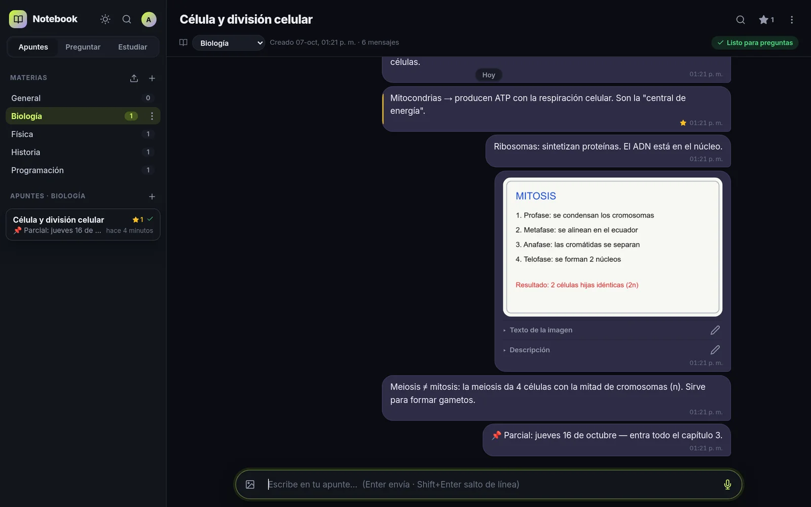 Un apunte en Notebook: mensajes, una foto del pizarrón transcrita y un mensaje destacado