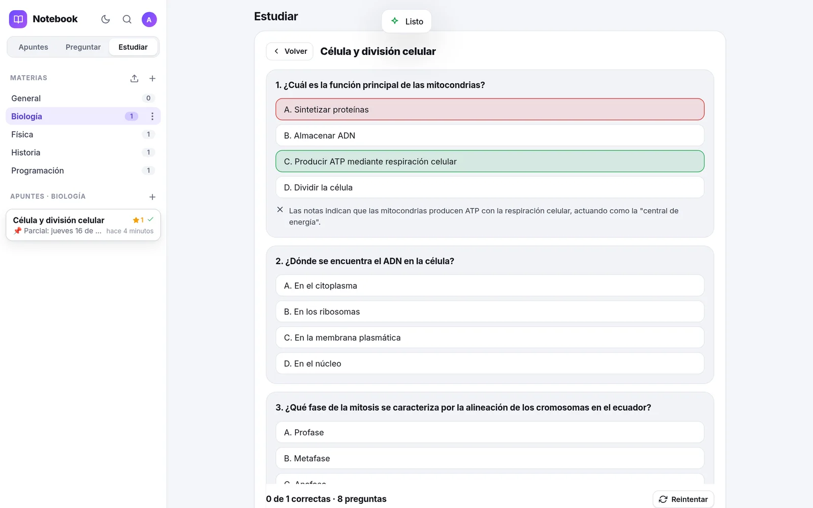 Un quiz generado a partir de los apuntes, con la explicación de la respuesta